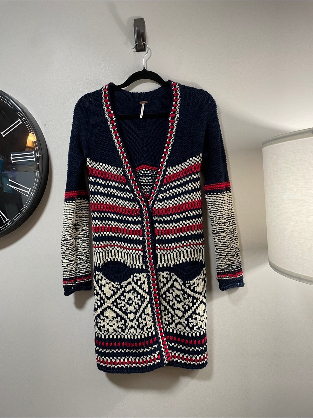 Free People Navy, Cream & Red Patterned Open-Front Cardigan